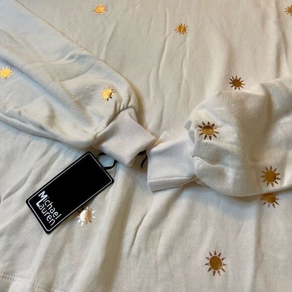 NWT Michael Lauren Fairfax Classic Sweatshirt in White with Rose Gold Sun Foils - Picture 9 of 13
